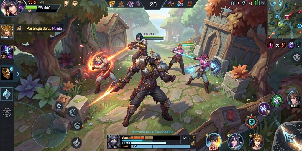 Gameplay seru dalam 55RT dengan aksi MOBA yang intens.