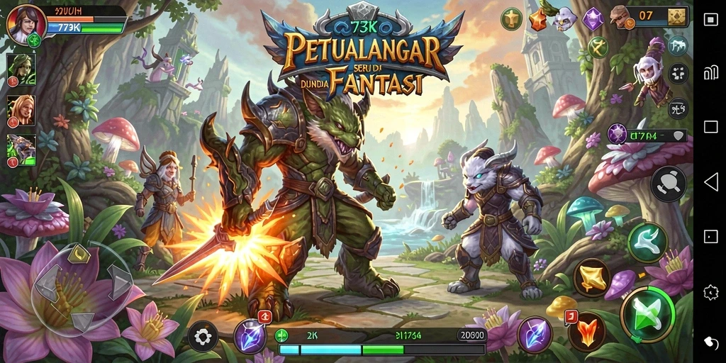 Screenshot menunjukkan karakter utama menjelajahi dunia petualangan yang indah.