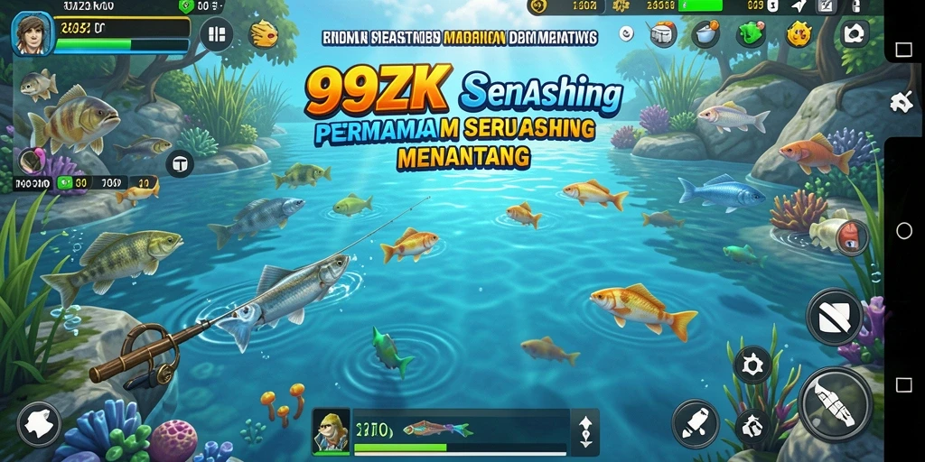 Screenshot 99ZK menampilkan pemain yang sedang memancing di danau yang indah.