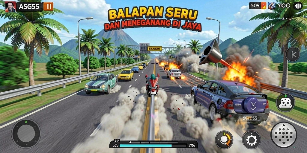 Gameplay ASG55 menunjukkan aksi balapan seru di trek menantang.