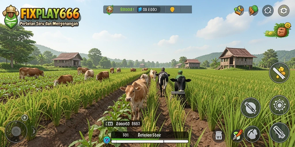 Screenshot utama FIXPLAY666 menunjukkan petani menikmati hasil panen.