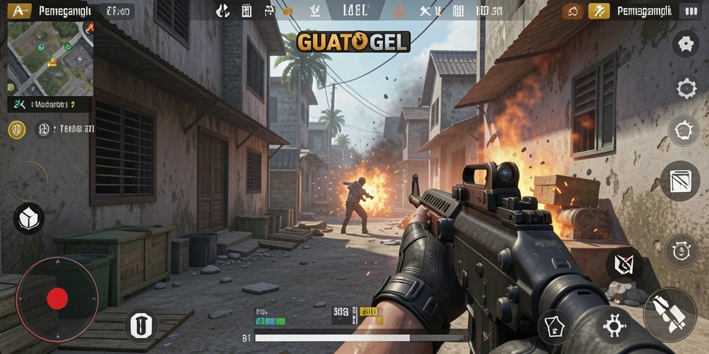 Tampilan gameplay GUATOGEL yang mendebarkan dengan aksi FPS intens.