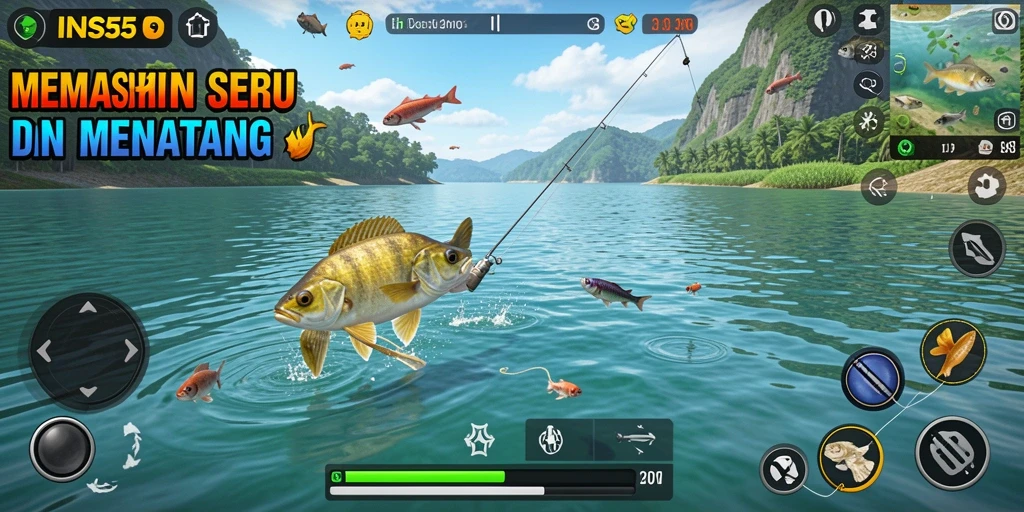 Screenshot gameplay INS55 dengan berbagai ikan dan pemandangan laut.