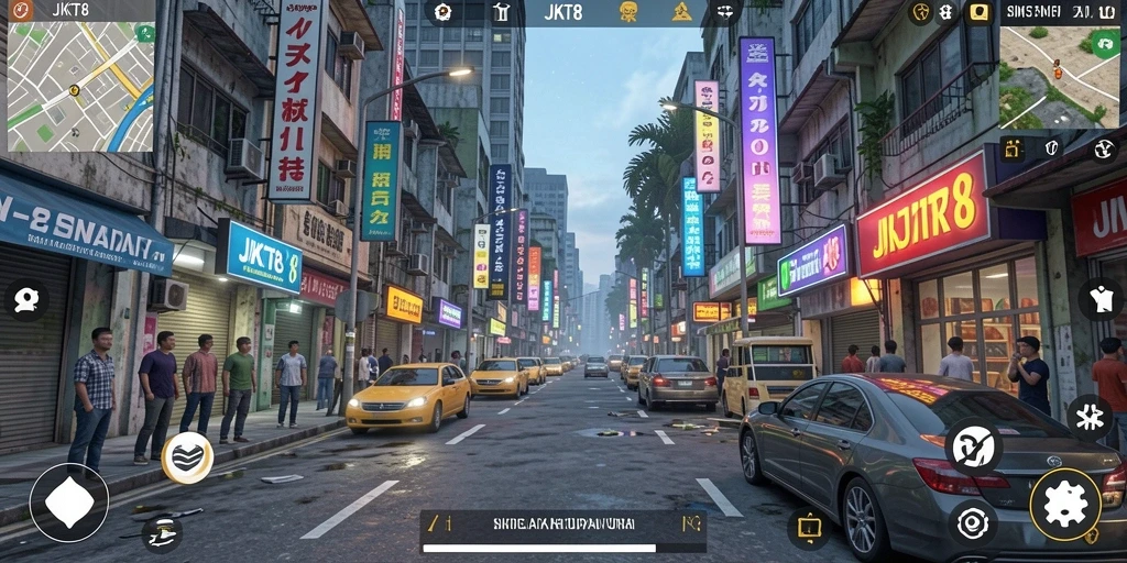 Tangkapan layar gameplay JKT8 menampilkan aktivitas simulasi yang dinamis.