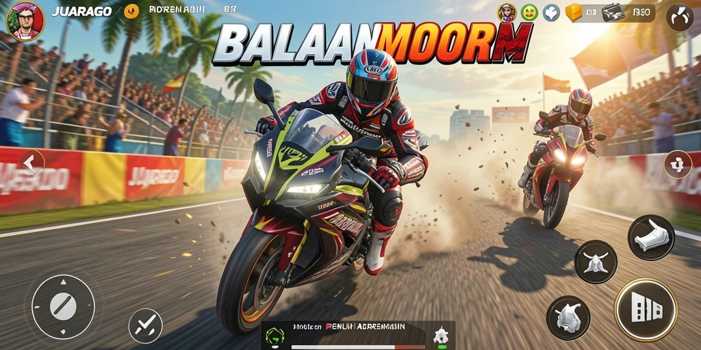 Screenshot gameplay JUARAGO menampilkan aksi balap motor yang mendebarkan.