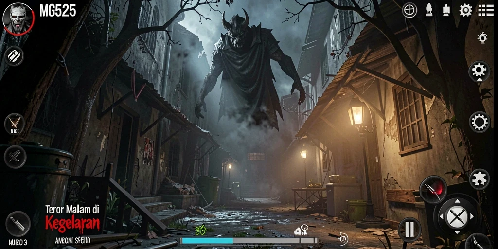 Gameplay seram dengan suasana kegelapan dan ketegangan.