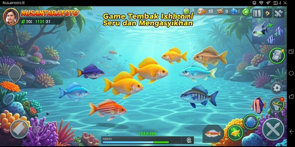 Screenshot gameplay NUSANTARATOTO yang menunjukkan aksi menembak ikan.