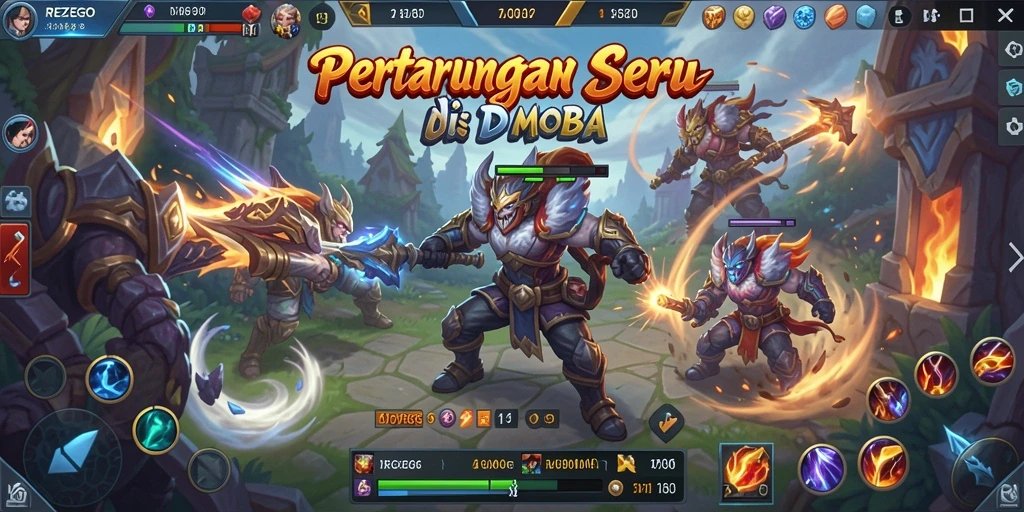 Tangkapan layar gameplay intens REZEGO dalam pertarungan MOBA.