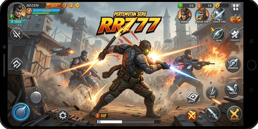 Screenshot gameplay RR777 menunjukkan pertempuran yang intens.